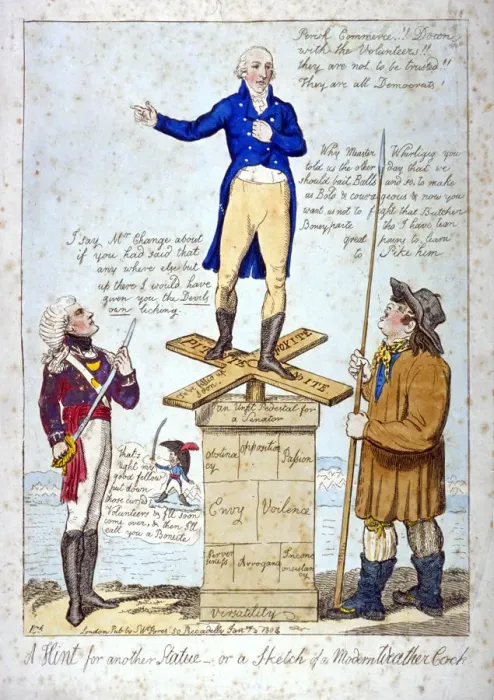 Framed Print : A hint for another Statue - or, a Sketch of a Modern Weather Cock, 1804 Framed Print : A hint for another Statue - or, a Sketch of a Modern Weather Cock, 1804