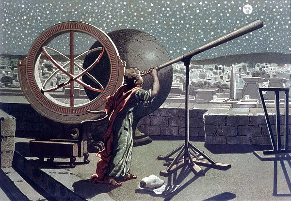 Hipparchus, Greek astronomer studying the stars at the observatory of Alexandria, lithograph, 1865