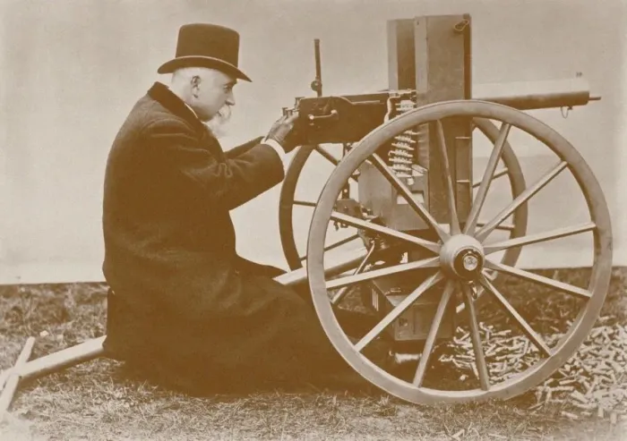 Framed Print : Hiram Maxim (1840-1916) presents the first automatic machine gun, 1884 Framed Print : Hiram Maxim (1840-1916) presents the first automatic machine gun, 1884