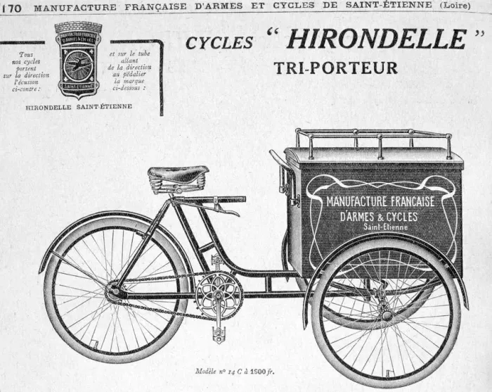 Framed Print : Hirondelle Saint Etienne delivery tricycle advertisement, 20th century Framed Print : Hirondelle Saint Etienne delivery tricycle advertisement, 20th century
