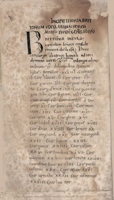 Framed Print : Historia Brittonum by Nennius. First page of manuscript, 11th century. Artist: Anonymous master Framed Print : Historia Brittonum by Nennius. First page of manuscript, 11th century. Artist: Anonymous master