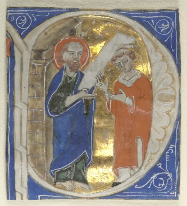 Framed Print : Historiated Initial Excised from a Bible: St. Paul and a Cleric, 1200s. Creator: Unknown Framed Print : Historiated Initial Excised from a Bible: St. Paul and a Cleric, 1200s. Creator: Unknown