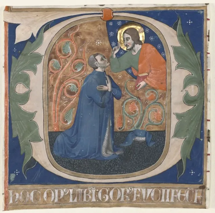 Framed Print : Historiated Initial (O) Excised from an Antiphonary: The Donor, Gorus Fucci, Kneels before Christ Framed Print : Historiated Initial (O) Excised from an Antiphonary: The Donor, Gorus Fucci, Kneels before Christ