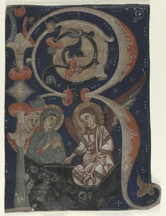 Framed Print : Historiated Initial (R) Excised from a Gradual: The Three Marys at the Tomb, c. 1200-1230 Framed Print : Historiated Initial (R) Excised from a Gradual: The Three Marys at the Tomb, c. 1200-1230