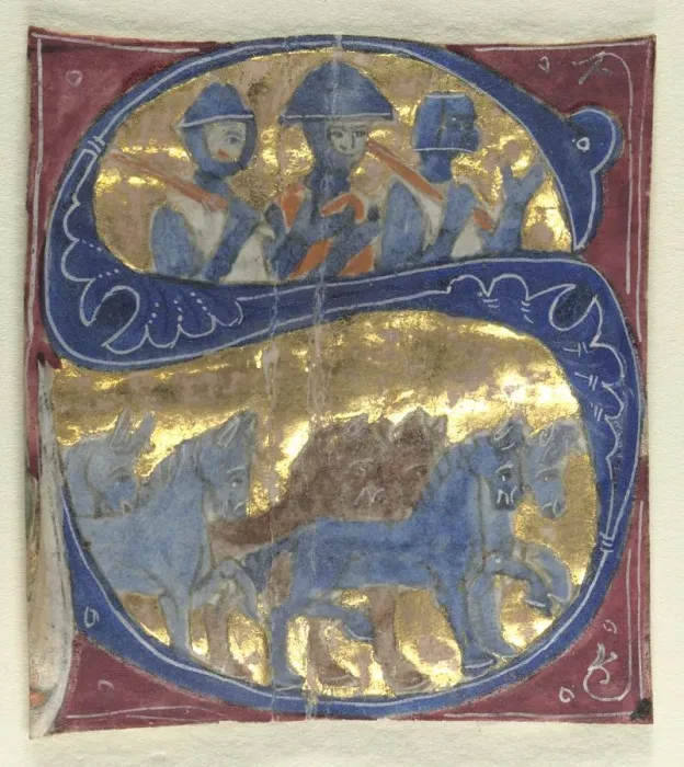 Framed Print : Historiated Initial (S) Excised from a Bible: Soldiers and Horses, 1200s. Creator: Unknown Framed Print : Historiated Initial (S) Excised from a Bible: Soldiers and Horses, 1200s. Creator: Unknown