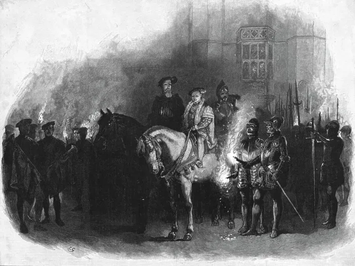 Framed Print : Historical Aspects of Hampton Court; Edward VI. And the Protector Somerset- The Night Alarm, 189 Creator: Unknown Framed Print : Historical Aspects of Hampton Court; Edward VI. And the Protector Somerset- The Night Alarm, 189 Creator: Unknown