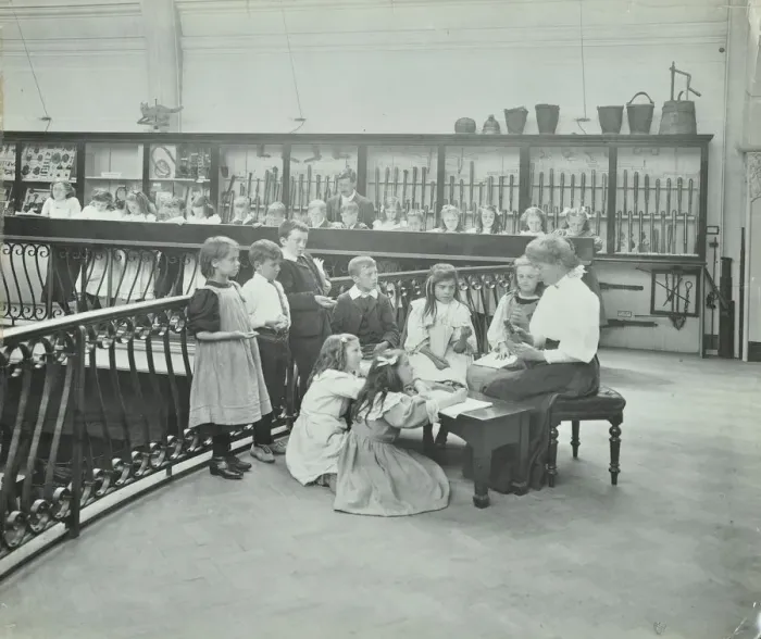 Framed Print : History lesson in the Horniman Museum, London, 1908 Framed Print : History lesson in the Horniman Museum, London, 1908