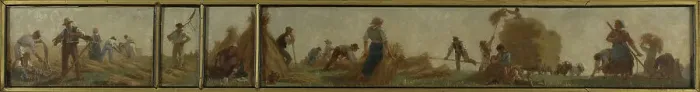 Framed Print : History of wheat: Harvesters sharpening their scythes. Sketch for the drawing room in the... 1879. Creator: Paul Albert Baudouin Framed Print : History of wheat: Harvesters sharpening their scythes. Sketch for the drawing room in the... 1879. Creator: Paul Albert Baudouin