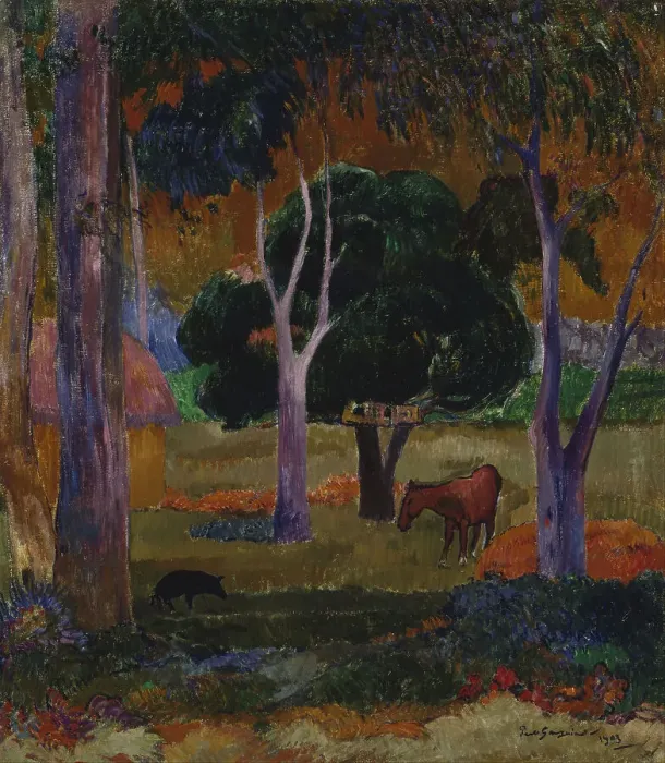 Framed Print : Hiva Oa (Landscape with a Pig and a Horse). Artist: Gauguin, Paul Eugene Henri (1848-1903) Framed Print : Hiva Oa (Landscape with a Pig and a Horse). Artist: Gauguin, Paul Eugene Henri (1848-1903)