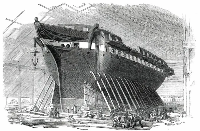 Framed Print : H.M. 50-Gun Frigate Nankin, to be launched this day, Saturday, 1850. Creator: Unknown. H.M. 50-Gun Frigate Nankin, to be launched this day, Saturday, 1850. Creator: Unknown Framed Print : H.M. 50-Gun Frigate Nankin, to be launched this day, Saturday, 1850. Creator: Unknown. H.M. 50-Gun Frigate Nankin, to be launched this day, Saturday, 1850. Creator: Unknown