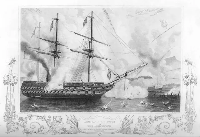 Framed Print : HMS Agamemnon attacking Fort Constantine, 1854 (1857). Artist: H Winkles
