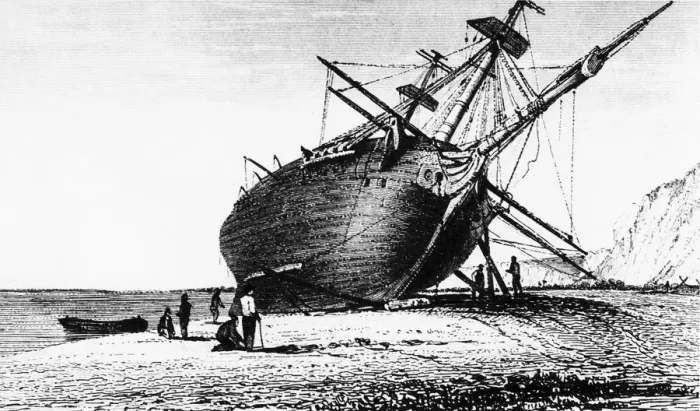 Framed Print : HMS Beagle laid ashore, Rio Santa Cruz, Patagonia, South America, 1834 (1839) Framed Print : HMS Beagle laid ashore, Rio Santa Cruz, Patagonia, South America, 1834 (1839)