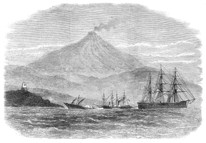 Framed Print : H.M.S. Caledonia and two steamers attempting to tow H.M.S. Psyche...Sicily, 1871. Creator: Unknown Framed Print : H.M.S. Caledonia and two steamers attempting to tow H.M.S. Psyche...Sicily, 1871. Creator: Unknown