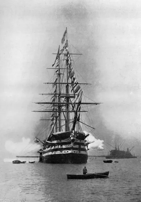 Framed Print : HMS Duke of Wellington firing a Royal Salute as flagship at Portsmouth, Hampshire, 1896. Artist: Symonds & Co Framed Print : HMS Duke of Wellington firing a Royal Salute as flagship at Portsmouth, Hampshire, 1896. Artist: Symonds & Co