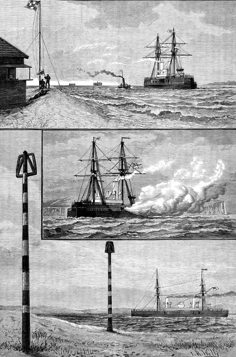 Framed Print : H.M.S. Inflexible at Ports Mouth: 1. swinging compasses off Magnetic Station, Gilkicker Point, 1881. Creator: Unknown Framed Print : H.M.S. Inflexible at Ports Mouth: 1. swinging compasses off Magnetic Station, Gilkicker Point, 1881. Creator: Unknown