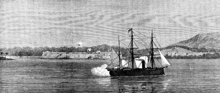 Framed Print : H.M.S. Niobe bombarding San Fernando Castle, Omoa, 1873. Creator: Unknown Framed Print : H.M.S. Niobe bombarding San Fernando Castle, Omoa, 1873. Creator: Unknown