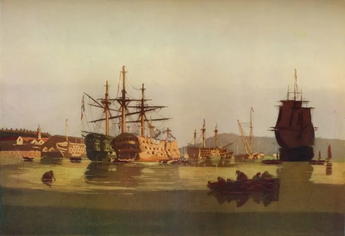 Framed Print : HMS Revenge and French Prize Hulk, c1850. (1930). Artist: Geoffrey Sneyd Garnier Framed Print : HMS Revenge and French Prize Hulk, c1850. (1930). Artist: Geoffrey Sneyd Garnier