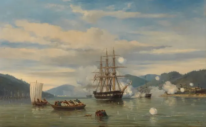 Framed Print : HMS Steam-Powered Battleship Medusa Opening the Shimonoseki Straits, 1864. Creator: Jacob Eduard van Heemskerck van Beest Framed Print : HMS Steam-Powered Battleship Medusa Opening the Shimonoseki Straits, 1864. Creator: Jacob Eduard van Heemskerck van Beest