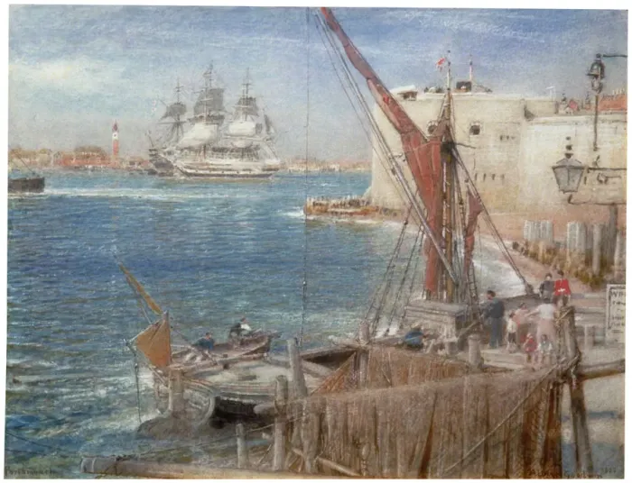 Framed Print : HMS The Victory at Portsmouth, 1907. Artist Framed Print : HMS The Victory at Portsmouth, 1907. Artist