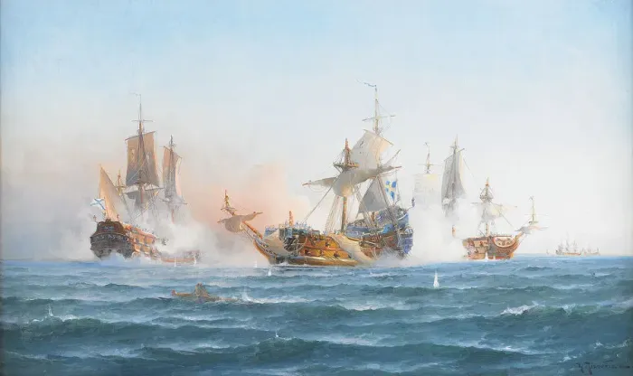 Framed Print : HMS Wachtmeister fighting against the Russian squadron on Juny 4, 1719, 1902. Artist: Richarde, Otto Ludvig (1862-1929) Framed Print : HMS Wachtmeister fighting against the Russian squadron on Juny 4, 1719, 1902. Artist: Richarde, Otto Ludvig (1862-1929)