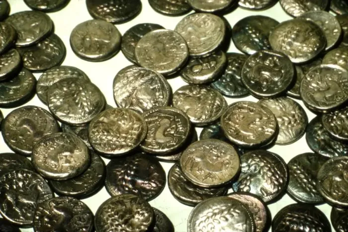 Framed Print : Hoard of Celtic Coins, (some copy Greek originals) found in Hungary, Silver, 1st Century BC Framed Print : Hoard of Celtic Coins, (some copy Greek originals) found in Hungary, Silver, 1st Century BC