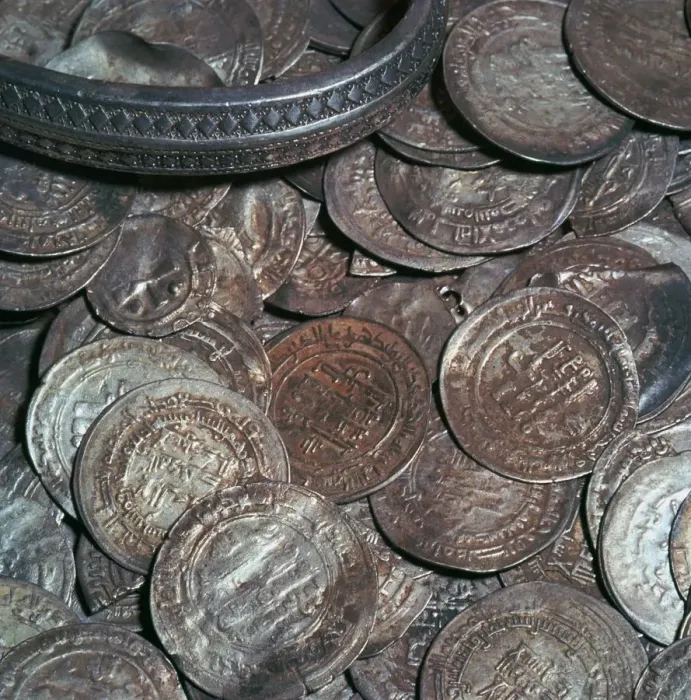 Framed Print : Hoard of silver with arab coins from a Viking grave Framed Print : Hoard of silver with arab coins from a Viking grave