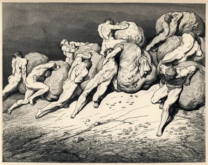Framed Print : The hoarders and wasters. Illustration to the Divine Comedy by Dante Alighieri, 1857. Artist: Dore, Gustave (1832-1883) Framed Print : The hoarders and wasters. Illustration to the Divine Comedy by Dante Alighieri, 1857. Artist: Dore, Gustave (1832-1883)
