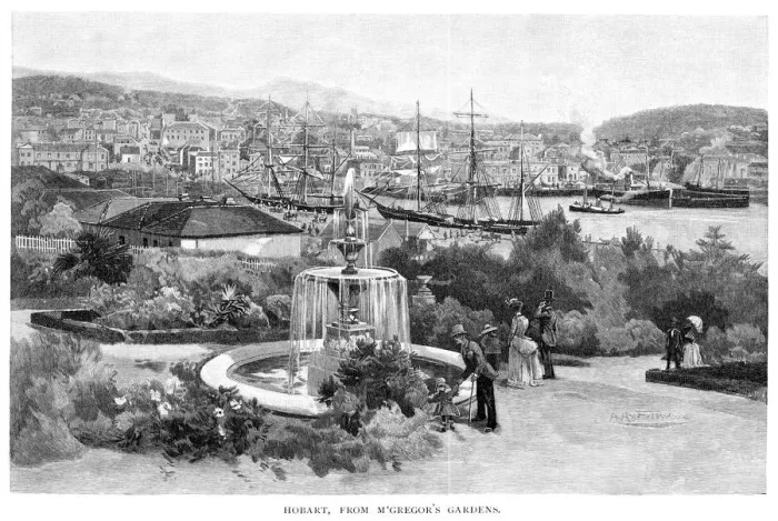 Framed Print : Hobart from McGregors Gardens, Tasmania, Australia, 1886. Artist: Albert Henry Fullwood Framed Print : Hobart from McGregors Gardens, Tasmania, Australia, 1886. Artist: Albert Henry Fullwood