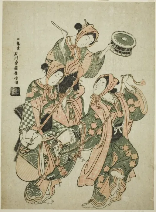 Framed Print : The Hobby Horse Dance (harugoma odori), c. 1750. Creator: Ishikawa Toyonobu