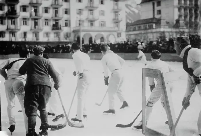 Framed Print : Hockey at Engelberg, Switz. between c1910 and c1915. Creator: Bain News Service