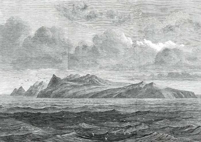 Framed Print : Hog Island (one of the Crozet Group), from sketches by Captain Ashby...1876. Creator: Unknown Framed Print : Hog Island (one of the Crozet Group), from sketches by Captain Ashby...1876. Creator: Unknown