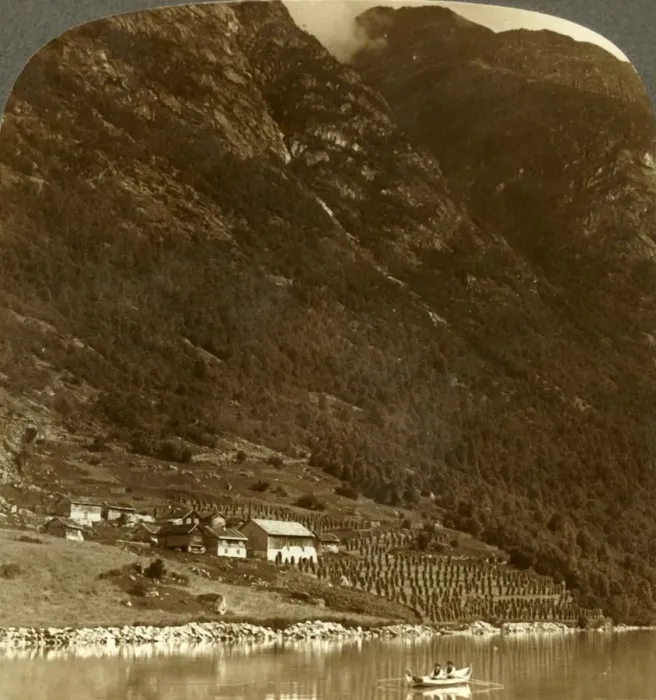 Framed Print : Hogrending farm, nestling at the mountains base, on the E. shore of Lake Loen, Norway, c1905 Framed Print : Hogrending farm, nestling at the mountains base, on the E. shore of Lake Loen, Norway, c1905