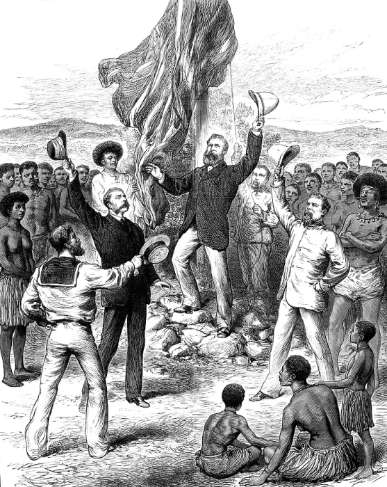 Framed Print : Hoisting the British Flag in New Guinea: Mr. H. M. Chester...calling for cheers, 1883. Creator: Unknown Framed Print : Hoisting the British Flag in New Guinea: Mr. H. M. Chester...calling for cheers, 1883. Creator: Unknown