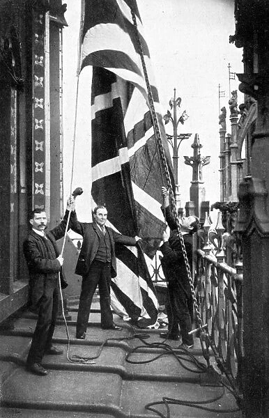 Hoisting the Union Jack, Houses of Parliament, Westminster, c1905