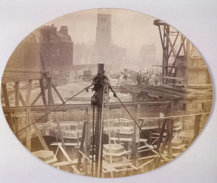 Framed Print : Holborn Viaduct being constructed across Farringdon Street, Holborn, London, 1869 Framed Print : Holborn Viaduct being constructed across Farringdon Street, Holborn, London, 1869