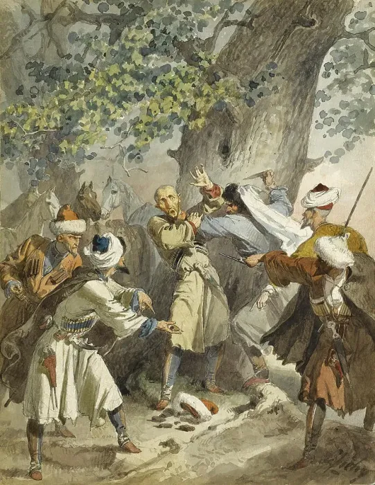 Framed Print : Hold up! (From the Series Scenes du Caucase). Artist: Zichy, Mihaly (1827-1906) Framed Print : Hold up! (From the Series Scenes du Caucase). Artist: Zichy, Mihaly (1827-1906)