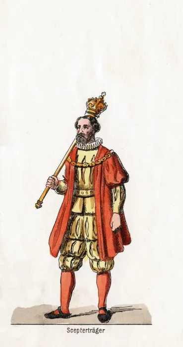 Framed Print : Holder of a sceptre, costume design for Shakespeares play, Henry VIII, 19th century Framed Print : Holder of a sceptre, costume design for Shakespeares play, Henry VIII, 19th century