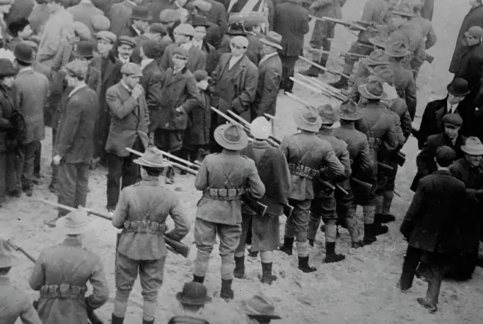 Framed Print : Holding strikers in check, Lawrence, Massachusetts, 1912. Creator: Bain News Service Framed Print : Holding strikers in check, Lawrence, Massachusetts, 1912. Creator: Bain News Service
