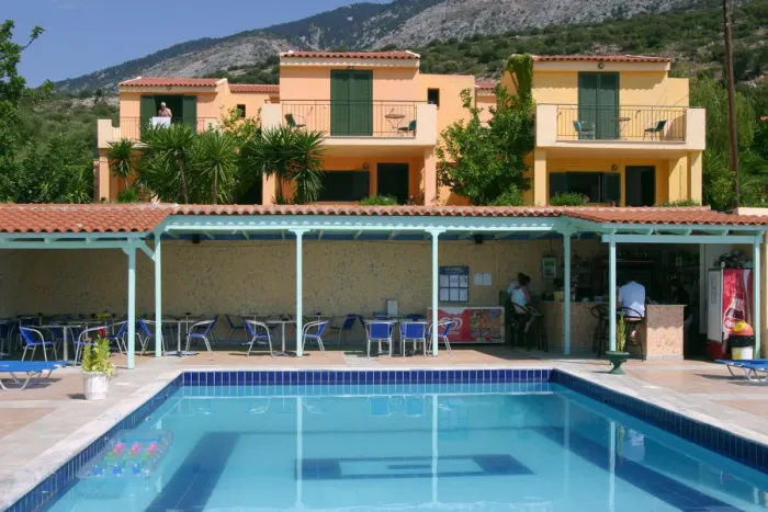 Framed Print : Holiday apartments and swimming pool, Lourdas, Kefalonia, Greece Framed Print : Holiday apartments and swimming pool, Lourdas, Kefalonia, Greece