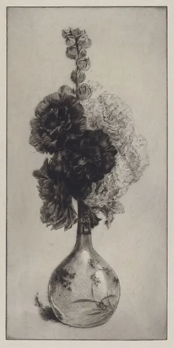 Framed Print : Hollyhocks in a Long-Necked Vase, 1891. Creator: James David Smillie Framed Print : Hollyhocks in a Long-Necked Vase, 1891. Creator: James David Smillie