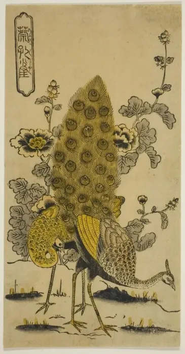 Framed Print : Hollyhocks and Peacocks (Aoi ni kujaku), early 1730s. Creator: Nishimura Shigenobu Framed Print : Hollyhocks and Peacocks (Aoi ni kujaku), early 1730s. Creator: Nishimura Shigenobu