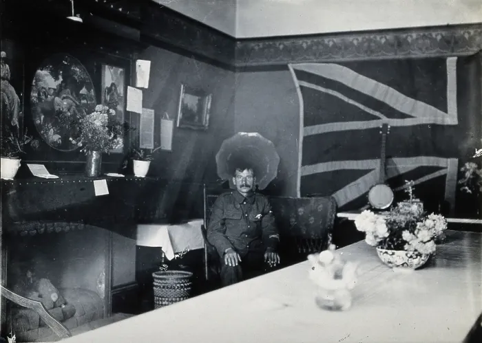 Framed Print : Holmleigh Auxiliary Military Hospital, Harrow: a soldier with amnesia sitting in a room... c1922. Creator: Unknown Framed Print : Holmleigh Auxiliary Military Hospital, Harrow: a soldier with amnesia sitting in a room... c1922. Creator: Unknown