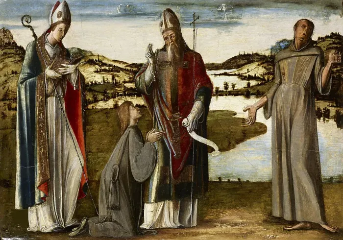 Framed Print : Holy Bishop (Andrew?) adorated by Saints Louis of Toulouse and Francis of Assisi, c1470-1475. Creator: Vivarini, Alvise (ca. 1446-ca. 1505) Framed Print : Holy Bishop (Andrew?) adorated by Saints Louis of Toulouse and Francis of Assisi, c1470-1475. Creator: Vivarini, Alvise (ca. 1446-ca. 1505)