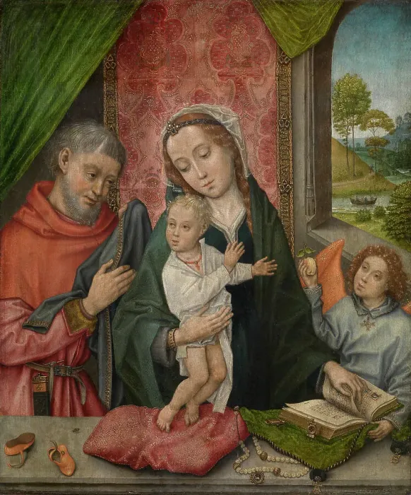 Framed Print : The Holy Family with an Angel, 1500. Creator: Master of 1499 Framed Print : The Holy Family with an Angel, 1500. Creator: Master of 1499