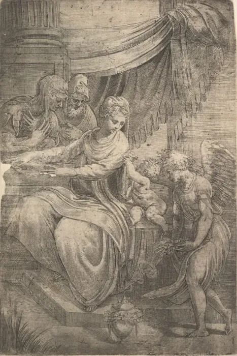 Framed Print : The Holy Family, an angel holding flowers approaching from the right, ca. 1550-53 Framed Print : The Holy Family, an angel holding flowers approaching from the right, ca. 1550-53