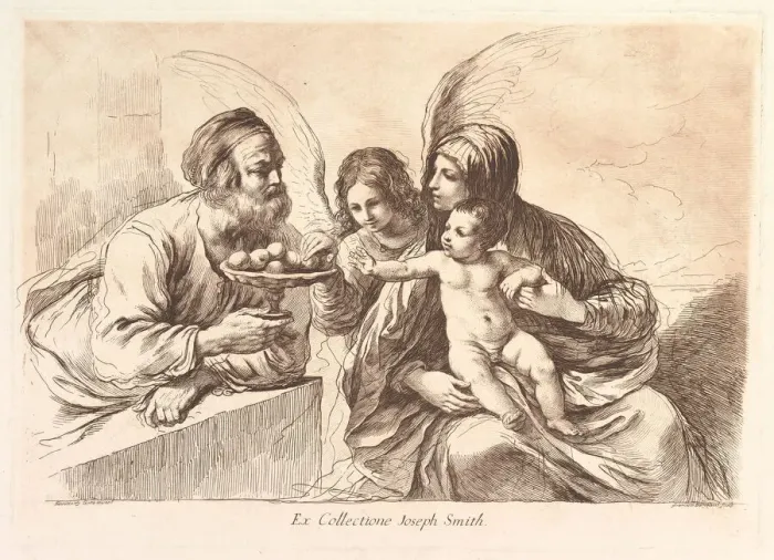 Framed Print : Holy Family with an Angel Who Offers Fruit to the Christ Child Framed Print : Holy Family with an Angel Who Offers Fruit to the Christ Child