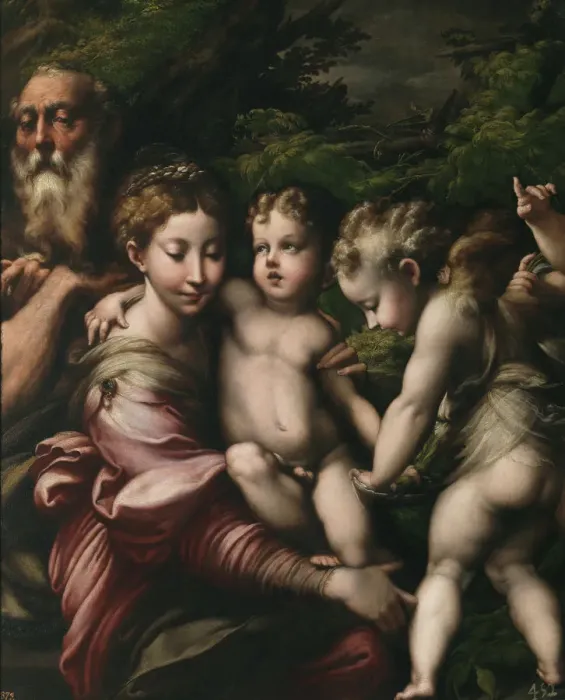 Framed Print : The Holy Family with Angels. Artist: Parmigianino (1503-1540) Framed Print : The Holy Family with Angels. Artist: Parmigianino (1503-1540)
