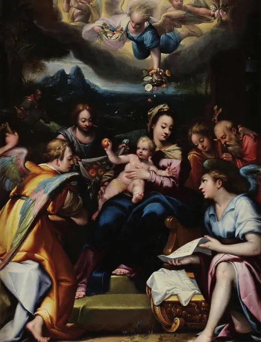 Framed Print : Holy Family with Angels and Saints, c1600. Creator: Calvaert, Denys (ca 1540-1619) Framed Print : Holy Family with Angels and Saints, c1600. Creator: Calvaert, Denys (ca 1540-1619)