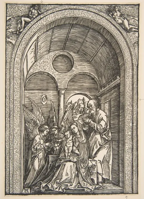 Framed Print : The Holy Family with Two Angels in a Vaulted Hall, ca. 1503. Creator: Albrecht Durer Framed Print : The Holy Family with Two Angels in a Vaulted Hall, ca. 1503. Creator: Albrecht Durer