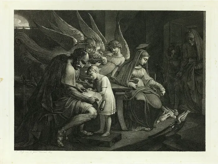 Framed Print : The Holy Family Busy at Home: Joseph Teaches the Boy Jesus to Read. Mary Feeds the Pigeons... 1809. Creator: Carl Russ Framed Print : The Holy Family Busy at Home: Joseph Teaches the Boy Jesus to Read. Mary Feeds the Pigeons... 1809. Creator: Carl Russ